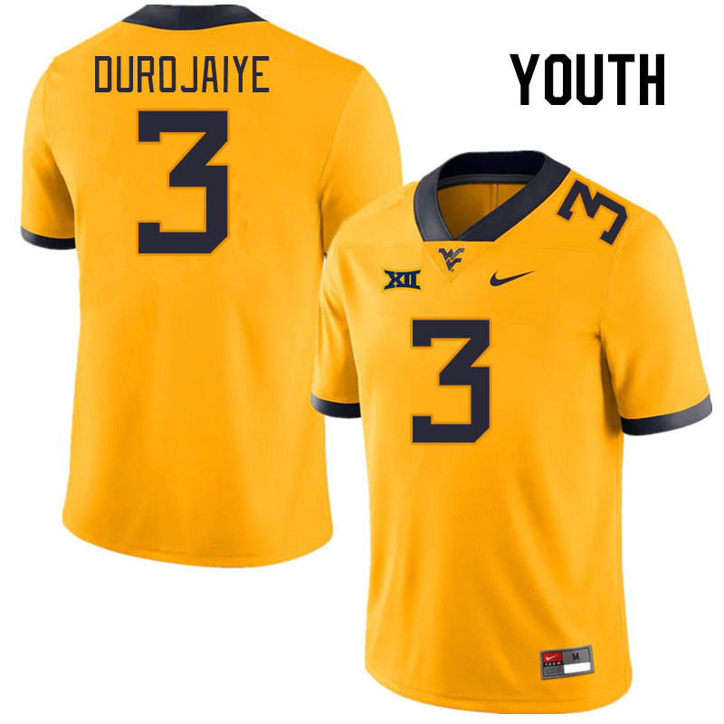 Youth #3 Tomiwa Durojaiye West Virginia Mountaineers College Football Jerseys Stitched Sale-Gold